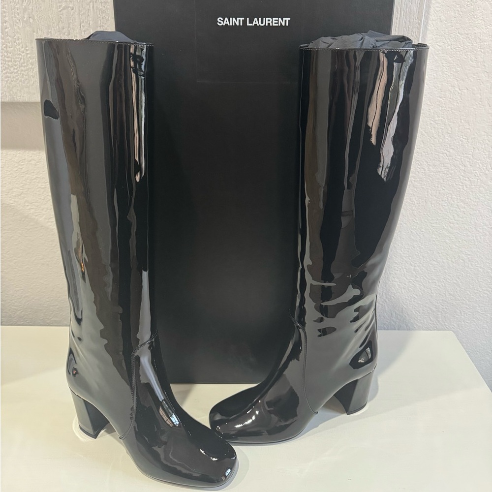Saint Laurent Who Patent Block-Heel Knee-High Boots